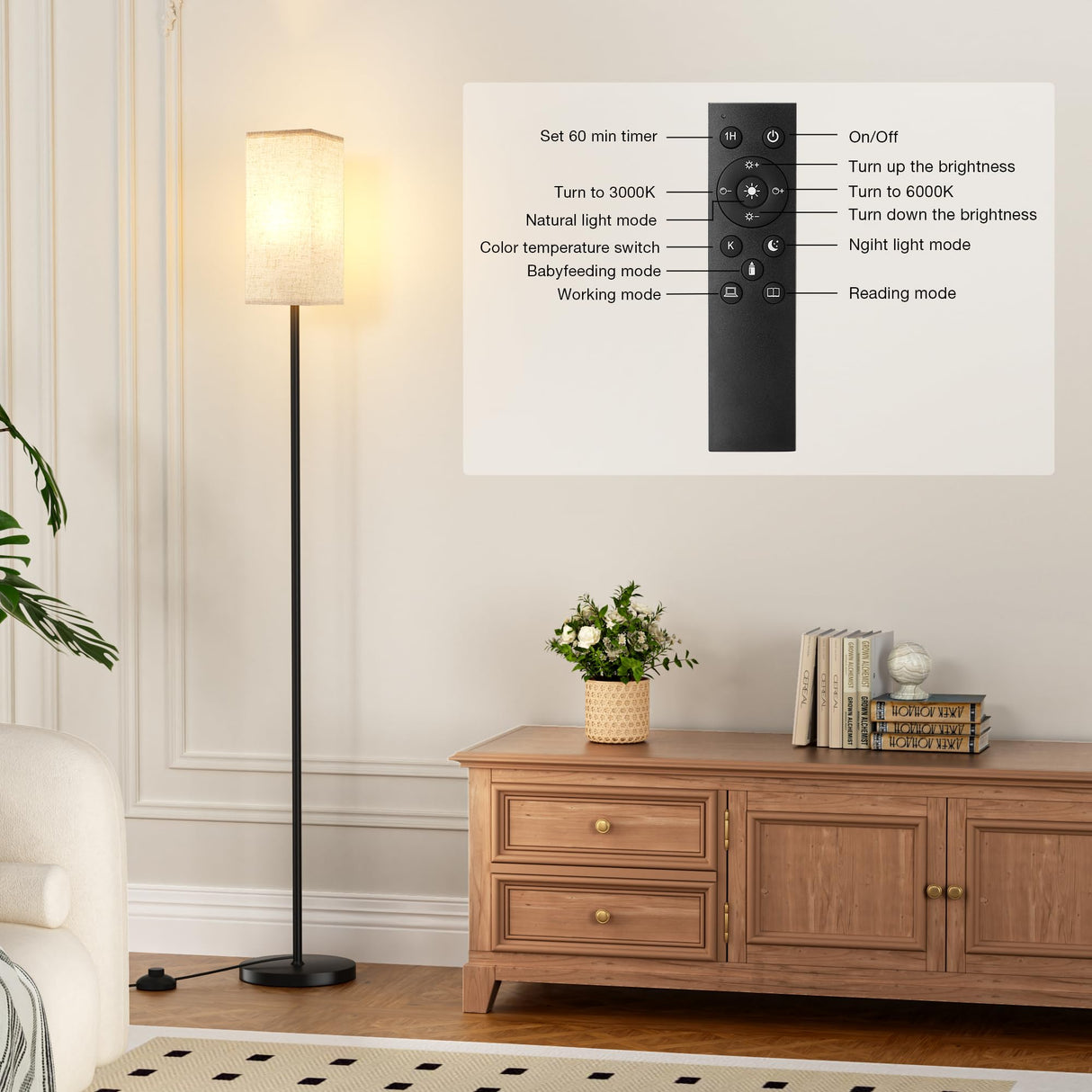 Ambimall Floor Lamps for Living Room & Remote Control, 9W Stepless Dimmable Bulb, Foot Switch, 64'' Tall Standing Lamp, Beige Lampshade(Black) Ambimall