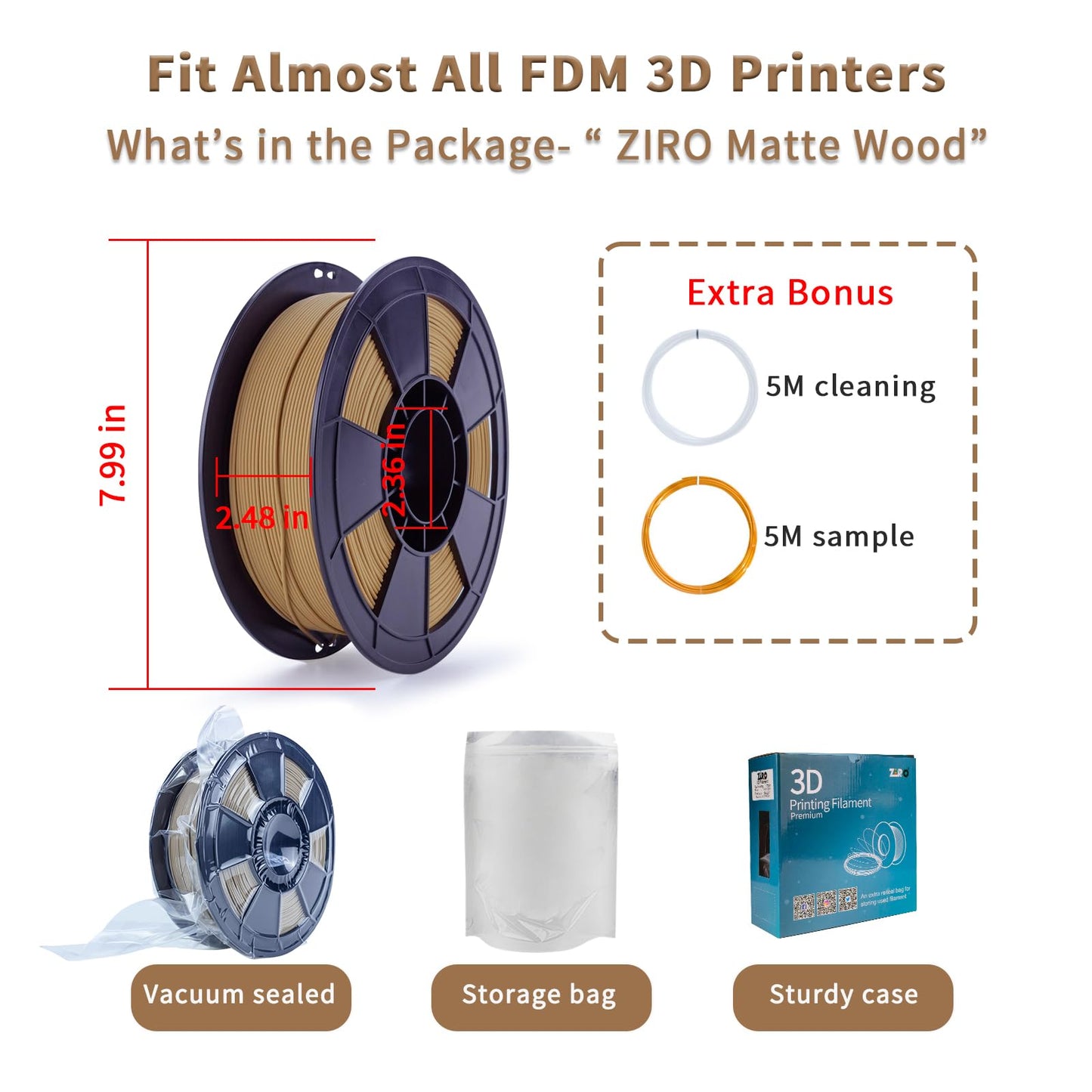 ZIRO Matte PLA Filament 1.75mm,1KG 3D Printer Filament,High Toughness PLA,Dimensional Accuracy +/- 0.03mm,Matte PLA Wood