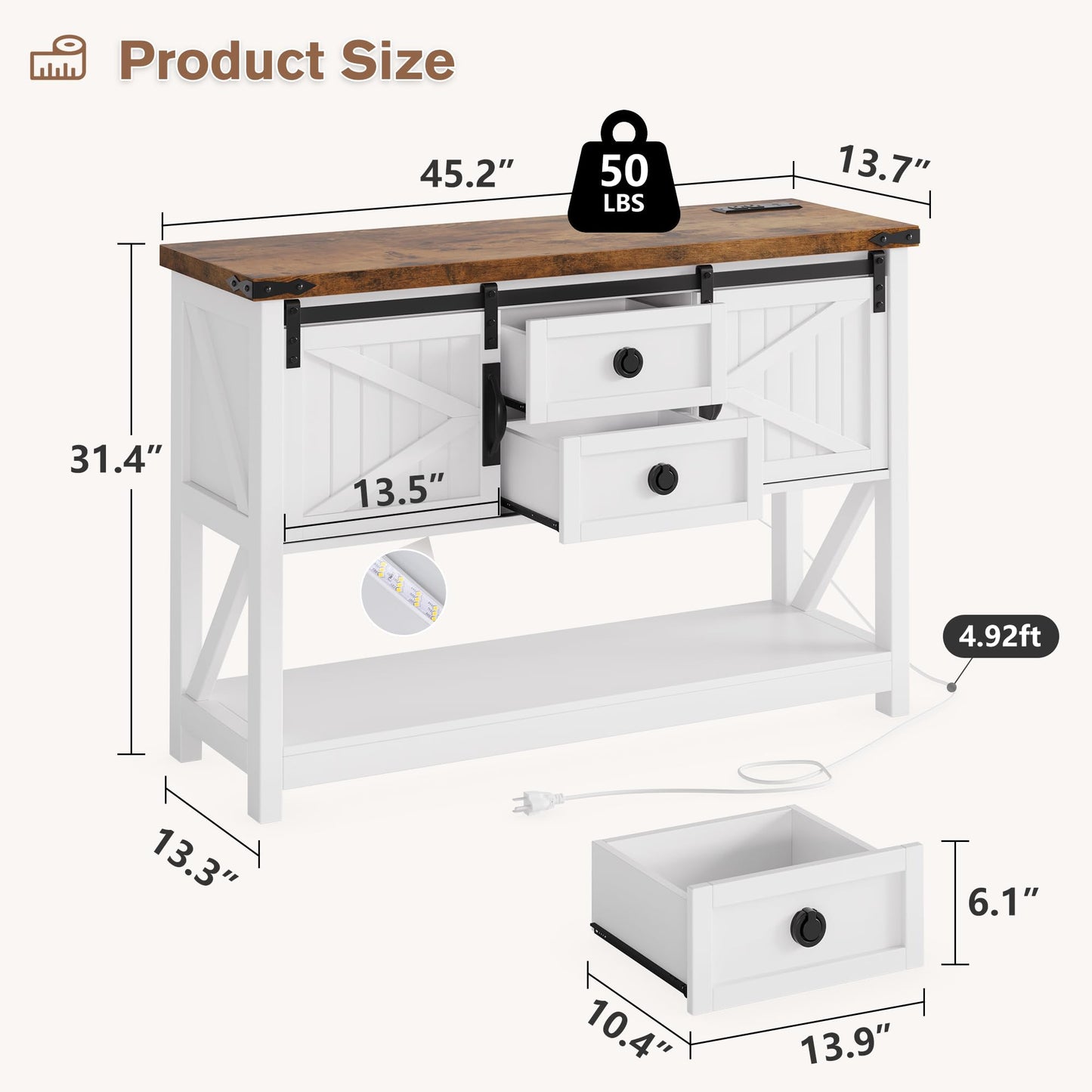 Whalefall 46'' Farmhouse Entryway Table with Storage, Narrow Console Table with 2 Drawer, Industrial Rustic Sofa Table w/Sliding Barn Doors, w/Outlets and USB Port & Led Strip for Entry Way, Hallway