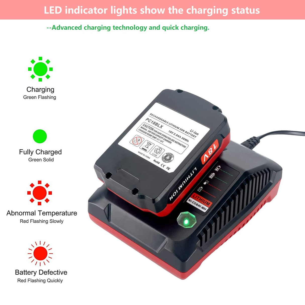 Qbmel 18-Volt Multi-Chemistry Battery Charger for Porter Cable PCXMVC Lithium Ion & NiCad NiMh Slide PC18B PC18B-2 PC18BL PC18BLX PCC489N Cordless Power Tool Battery Qbmel