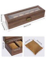 Uten Watch Box 6 Slots, Watch Case Organizer with Real Glass Lid, Wood Grain PU Leather Watch Display Storage Box with Removable Imitation Suede Watch Pillows, Metal Clasp Uten