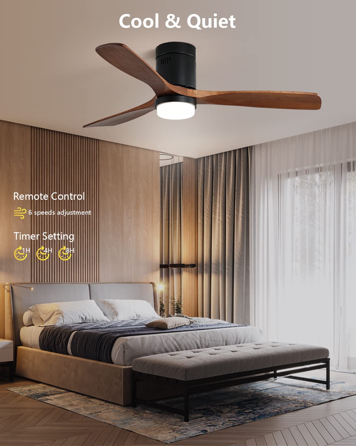 Sofucor 52 Inch Low Profile Ceiling Fan with Lights Flush Mount Ceiling Fan with Remote Control Dimmable LED Light 3 Reversible Walnut Wood Blades Noiseless DC Motor 6 Speed with Timer