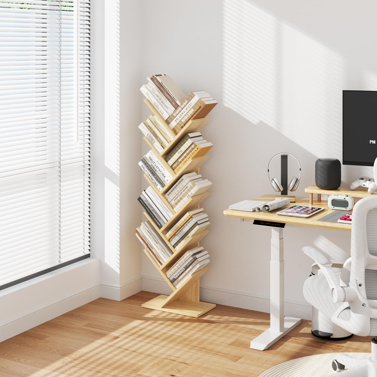 SHEEPAM 10 Tier Tree Book Shelf, Floor Standing Wood Bookshelf for Narrow Space, Storage Organizer Bookshelves for Books/CDs/Magazine, Bookcase with Shelves for Home Office, Living Room - Natural SHEEPAM