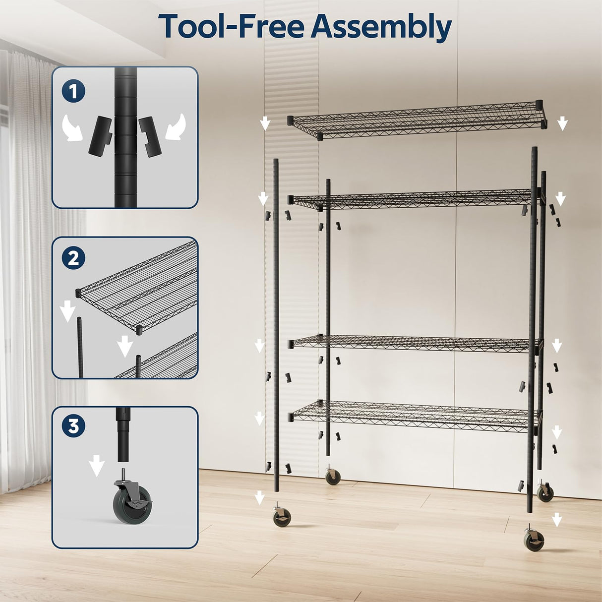 Whitmor 4 Tier Storage Shelves with Wheels, Heavy Duty Metal Shelving Unit, 625 lbs Capacity per Shelf, 2500 lbs Total for Kitchen, Garage, Plant, 55" L x 24" W x 72" H, Black Whitmor