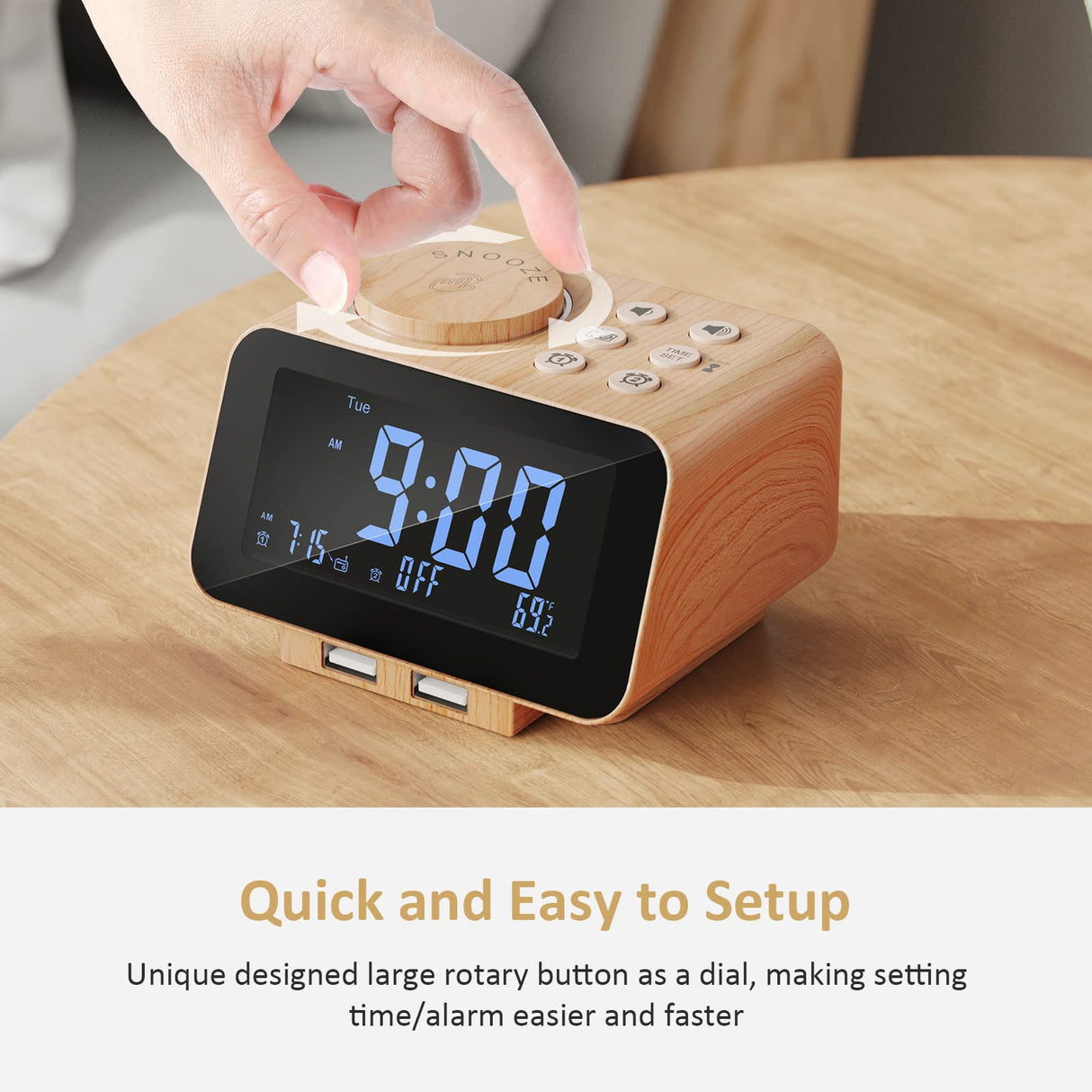 USCCE Digital Alarm Clock Radio - 0-100% Dimmer, Dual Alarm with Weekday/Weekend Mode, 6 Sounds Adjustable Volume, FM Radio w/Sleep Timer, 2 USB Charging Ports, Thermometer, Battery Backup(Wood Grain) uscce