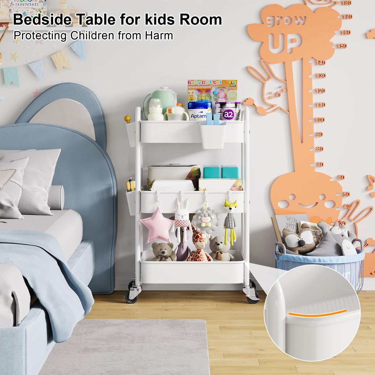 3 Tier Rolling Cart Metal with Wheels, White Three Tiered Craft Cart Organizer on Wheels, Storage Utility Carts for Art, Baby Nursery,Diaper Caddy, Cleaning Supplies, Nail,Lash,Snack,Book,Roller Shelf Aofure