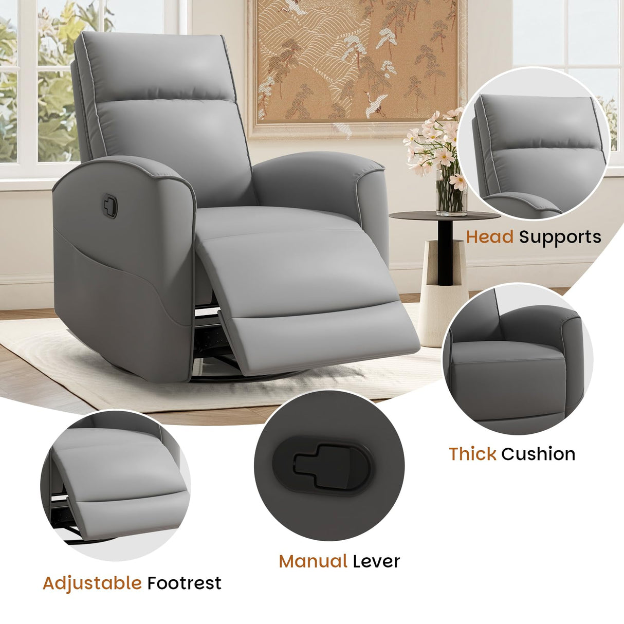 CANMOV Rocker Recliner Chair,360°Swivel Nursery Glider Recliner,Manual Recliner Sofa with Padded Armrest and Backrest,Leather Recliner for Small Spaces,Living Room,Bedroom,Grey CANMOV