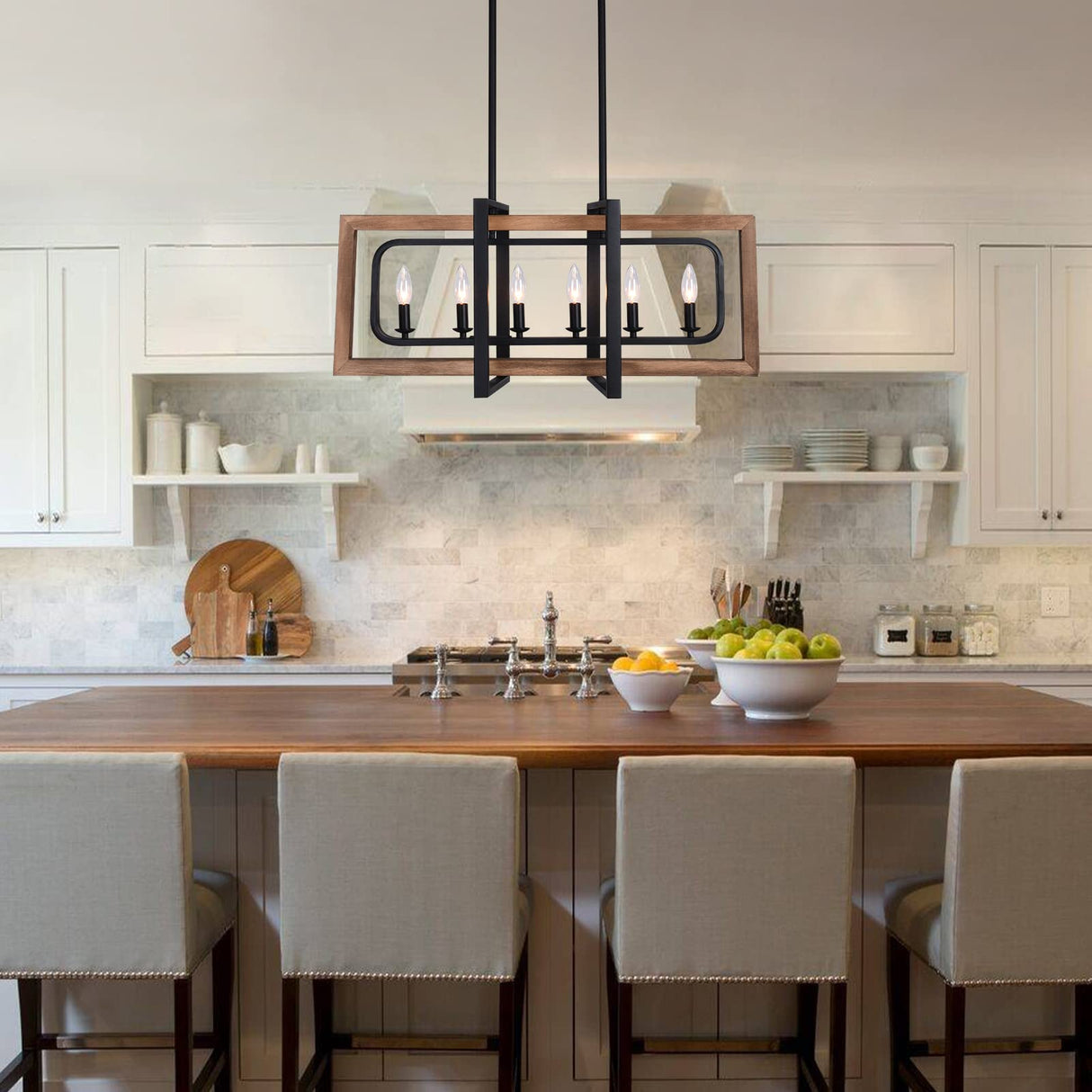 Lingkai Farmhouse Chandelier Rustic Kitchen Island Light Fixture, Industrial Pendant Lighting Fixtures Wood and Metal for Dining Room Pool Table Lingkai