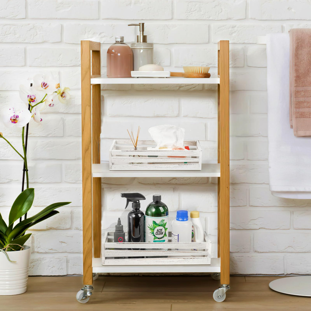 Noamus 2 Pack Bathroom Decor Box, Wooden Toilet Paper Holder, White Toilet Storage Basket, Toilet Tissue Tray with Handles for Home Decor, Farmhouse Tank Topper, Bathroom Kitchen Counter(2 Size) Noamus