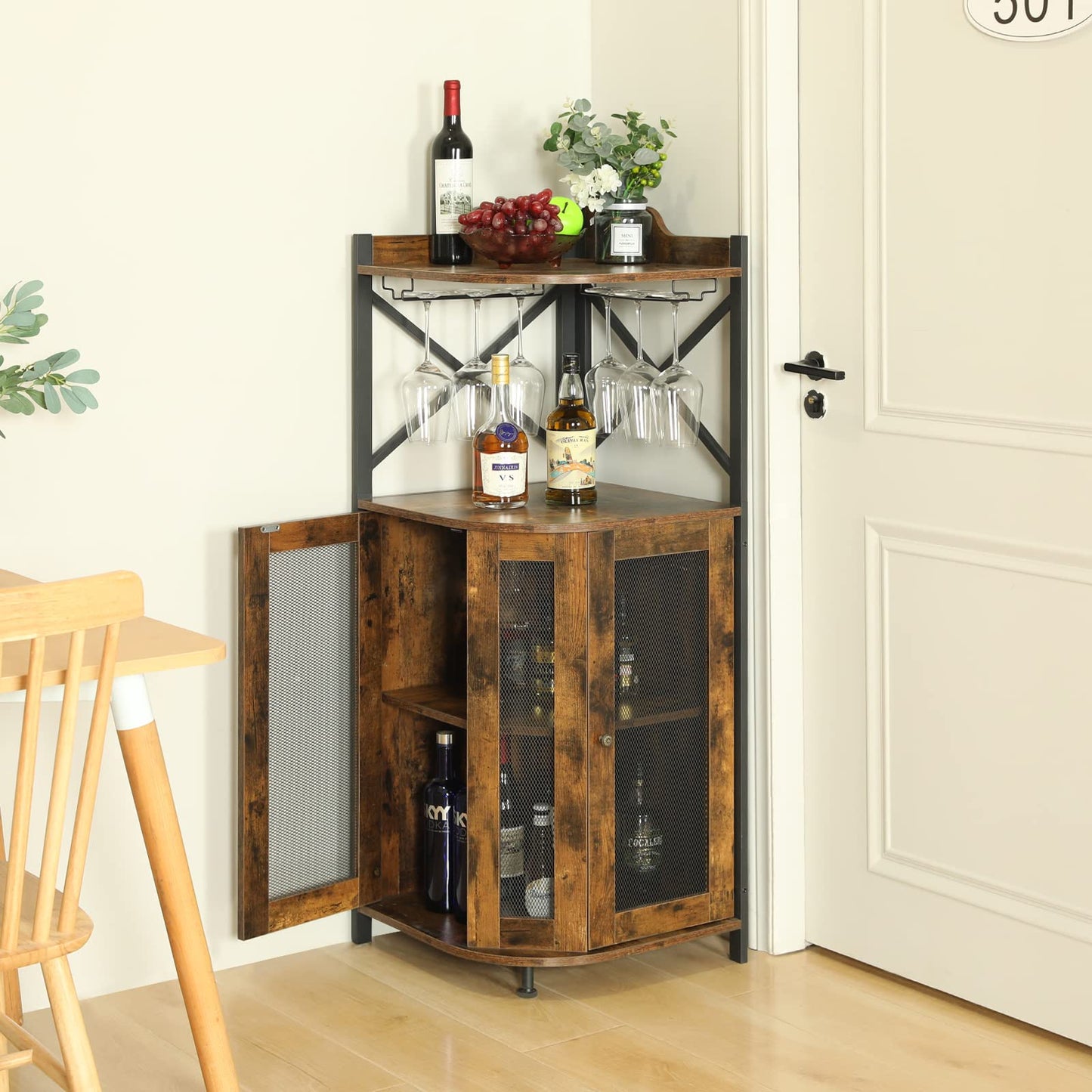 JKsmart Corner Bar Cabinet with Glass Holder, Industrial Wine Cabinet with Mesh Door, Liquor Bar Cabinet with Adjustable Shelf, Home Bar for Liquor and Wine Storage, Rustic Brown - WoodArtSupply