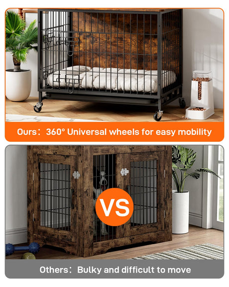 Dog Crate Furniture, 2024 New Furniture Style Dog Crate with Removable Tray and Wheels, Heavy-Duty Double-Doors Dog Cage End Table, 32.5" Wooden Dog Kennel, Indoor Dog House for Large Dogs, Brown GAOMON