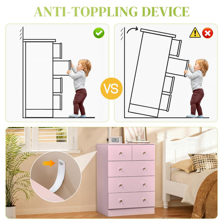 Karl home Dresser for Bedroom, Modern Wood Dresser Chest of Drawers, Bedroom Dressers Nightstand, Anti-Tipping Device, Rose Gold Metal Handle, Living Room, Hallway, Office (Pink-5 Drawer) Karl home