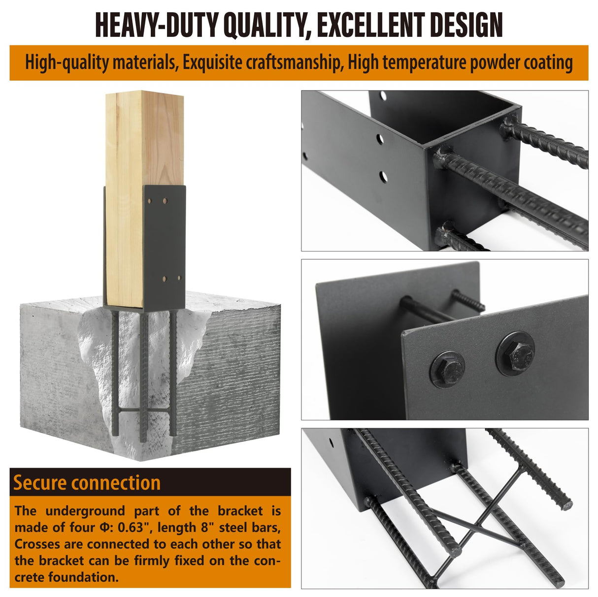 Wocepu 1 Pack Heavy Duty Stainless Steels U-Shape 4"x4"(Actual 3.5"x3.5") Wet Concrete Fence Post Holder, Psot Base, for Fence, Deck Railing, Pergola Wood Post Bracket Anchor (Dark Grey) WOCEPU