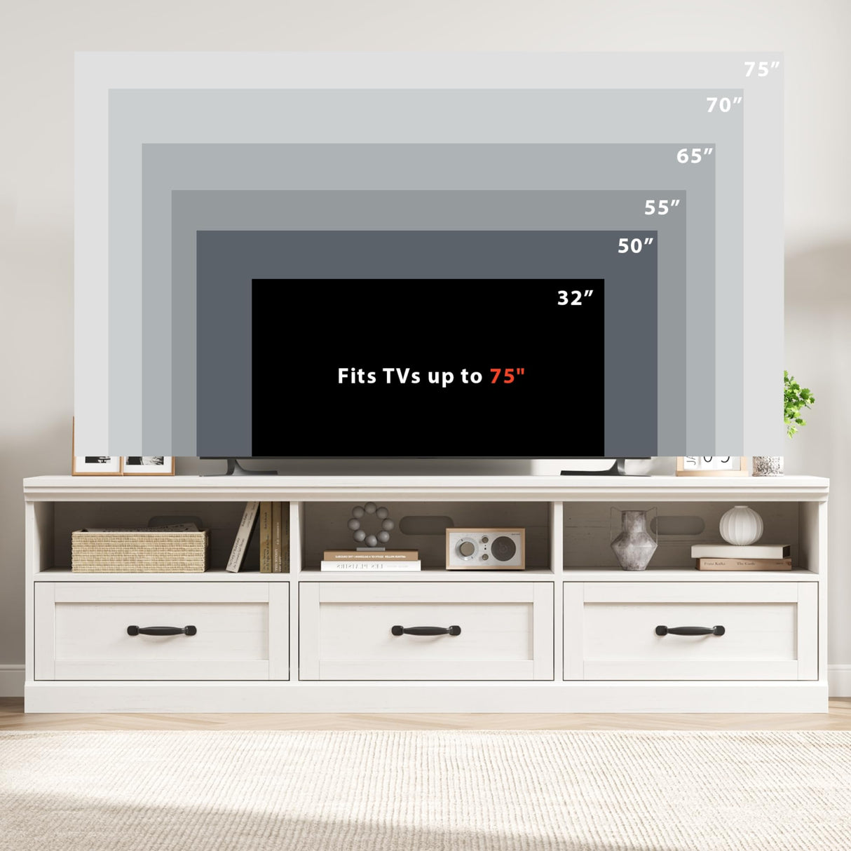 IDEALHOUSE 70in TV Stand for TVs up to 80", Mid Century Modern Entertainment Center with Storage Drawer and Open Shelves, TV Console Media Cabinet for Living Room, Bedroom, Antique White IDEALHOUSE