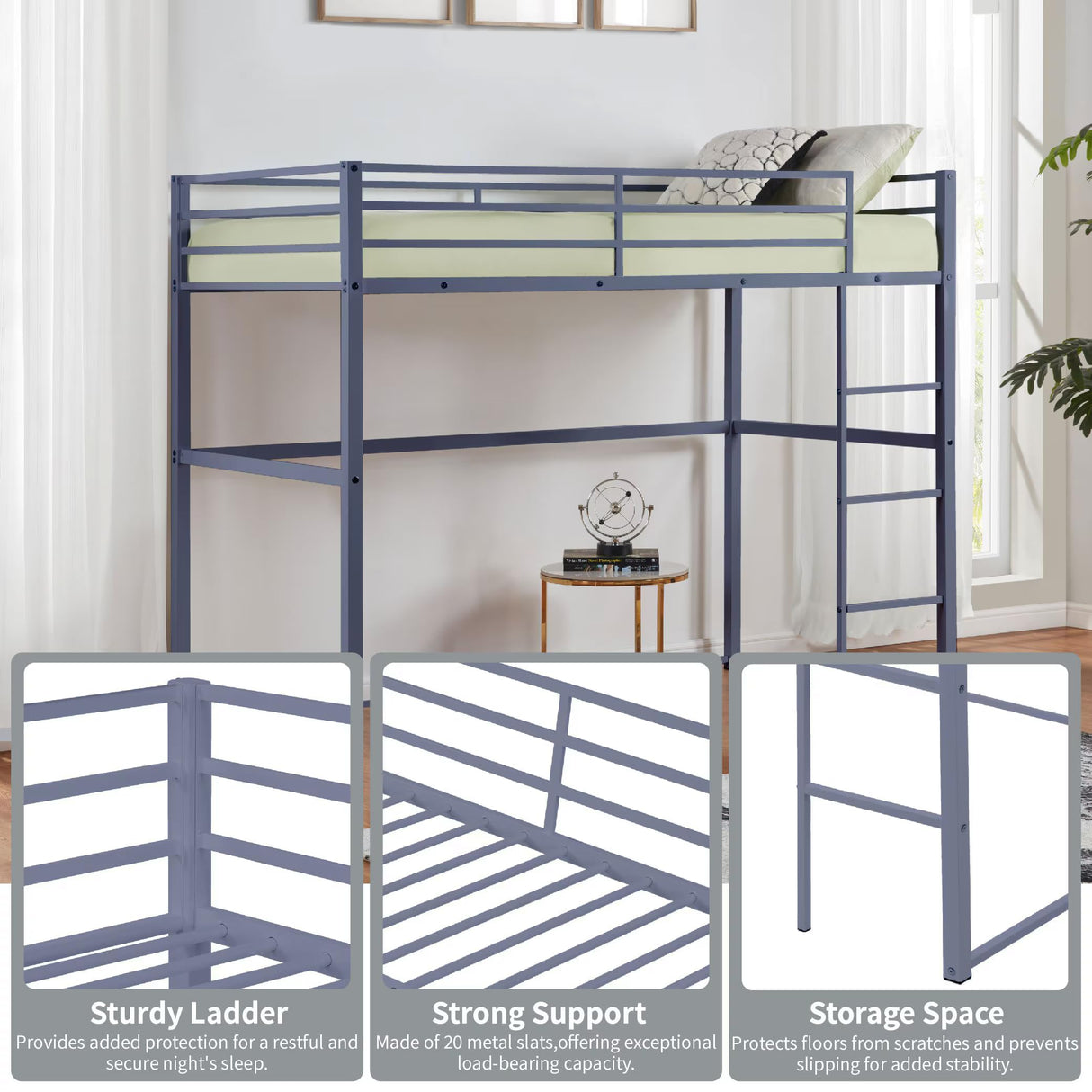Metal Loft Bed Full Size, Loft Bed Frame with Safety Guard Rails & Flat Ladder, Twin Loft Bed for Kids Teens Adults, Gray Softa