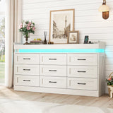 Hlivelood Large Farmhouse 9 Drawers Dresser for Bedroom with LED Light and Power Outlets,63" Wide Wood Rustic 9 Chests of Drawers for Closet,Tall Storage Dresser Organizer for Bedroom(Antique White) Hlivelood