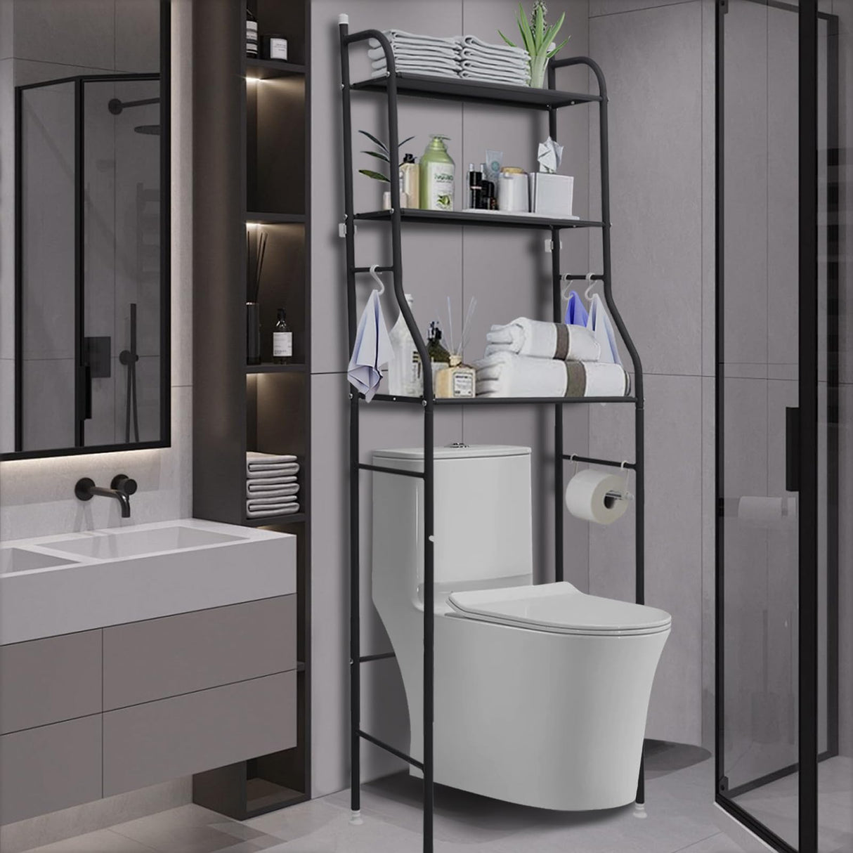 Metal Over Toilet Storage Stand Above Bathroom Organizers and Storage Cabinet Behind Over The Toilet Shelf Rack 3 Tier Bathroom Shelves Over Toilet Freestanding Space Saver with Toilet Paper Holder Rindoujin