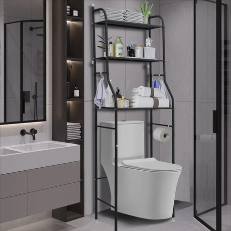 Metal Over Toilet Storage Stand Above Bathroom Organizers and Storage Cabinet Behind Over The Toilet Shelf Rack 3 Tier Bathroom Shelves Over Toilet Freestanding Space Saver with Toilet Paper Holder Rindoujin