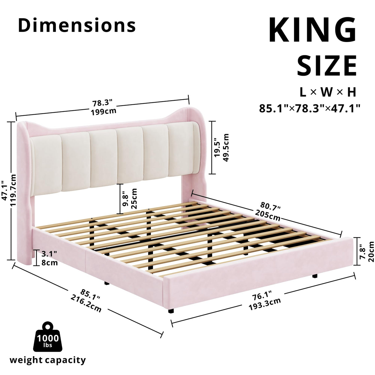 LIKIMIO Pink Floating Bed Frame King with Cat Ear Headboard and LED Lights LIKIMIO