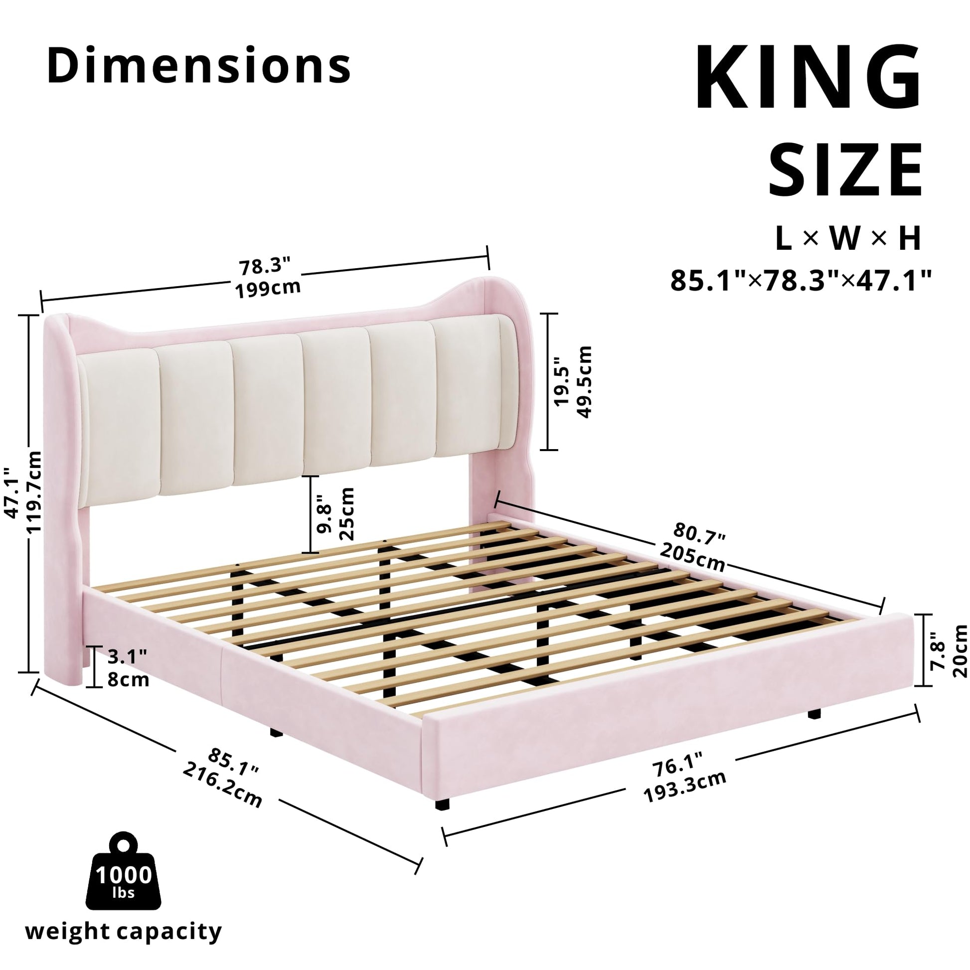 LIKIMIO Pink Floating Bed Frame King with Cat Ear Headboard and LED Lights - WoodArtSupply