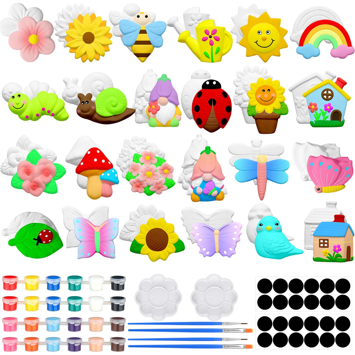 Simgoing 24 Sets Spring Kids Arts and Crafts Set Ceramic Painting Kit Unpainted Paintable Ceramics with 24 Magnet 4 Brushes and 2 Palette, Paint Your Own DIY Figurines for Toddler Boys Girls Simgoing