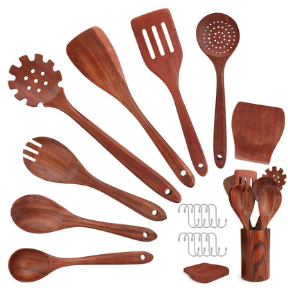 Kitchen Utensils Set,16 Pcs,Wooden Spoons for Cooking, Natural Teak Nonstick Spatula with Spoon Rest, Comfort Grip,Premium Quality House Warm Sweet Gifts