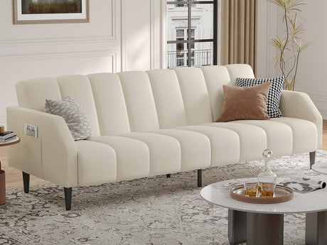 Fadware Faux Leather Couch, Convertible Futon Sofa Bed with Adjustable Backrest, Mid Century Leather Sofa Loveseat with Side Pockets& Metal Leg, Modern Leather Sleeper Sofa for Living Room Bedroom Fadware