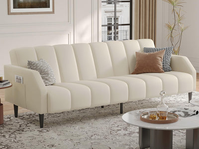 Fadware Faux Leather Couch, Convertible Futon Sofa Bed with Adjustable Backrest, Mid Century Leather Sofa Loveseat with Side Pockets& Metal Leg, Modern Leather Sleeper Sofa for Living Room Bedroom