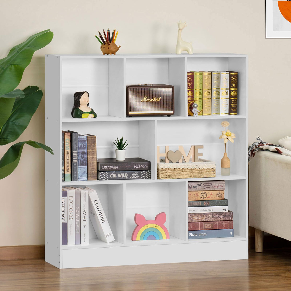 YAHARBO White 3 Tier Bookshelf,Wide Modern Horizontal Bookcase,Wood Low Book Shelf,Wide Display Storage Cabinet with Base,Floor Standing 8 Cube Large Bookcases Organizer for Bedroom,Living Room,Office YAHARBO