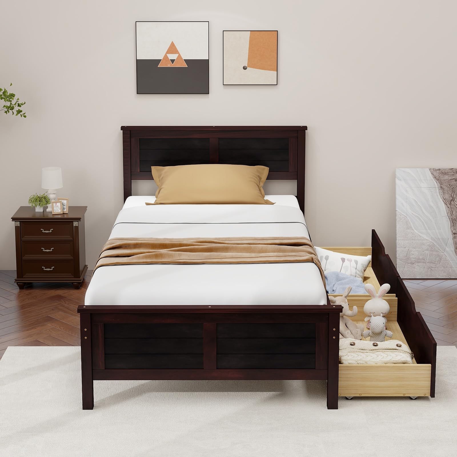 Giantex Wood Twin Bed with Storage Drawers and Solid Wood Frame - Thumbnail 4