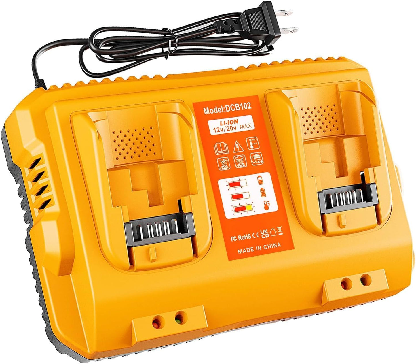 DCB102 Battery Charger Station for Dewalt Battery,Simultaneous Charging for 12V and 20V Max Battery, Compatible with DCB124 DCB126 DCB200 DCB205 Yellow - WoodArtSupply