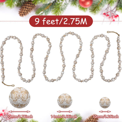 Ceenna 2 Pcs 18 Feet Christmas Wooden Beads Xmas Round Beads Garland Craft Bead Garland Farmhouse Wooden Beads for Christmas Decoration Supplies(White Frost)