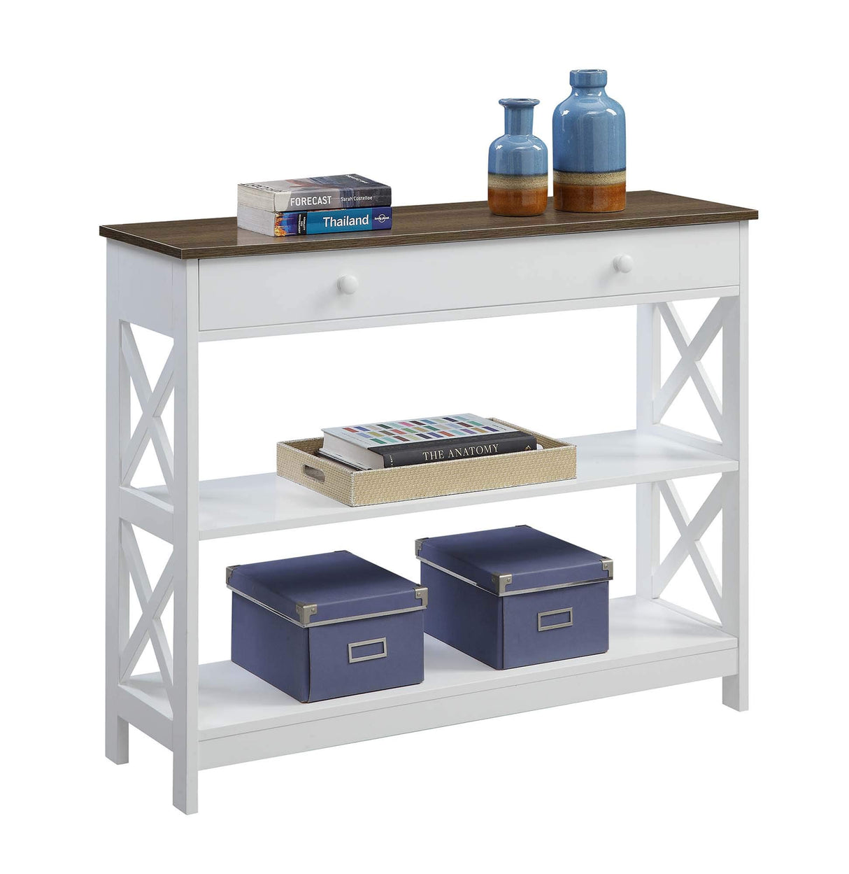 Convenience Concepts Oxford 1 Drawer Console Table with Shelves, Driftwood/White Convenience Concepts