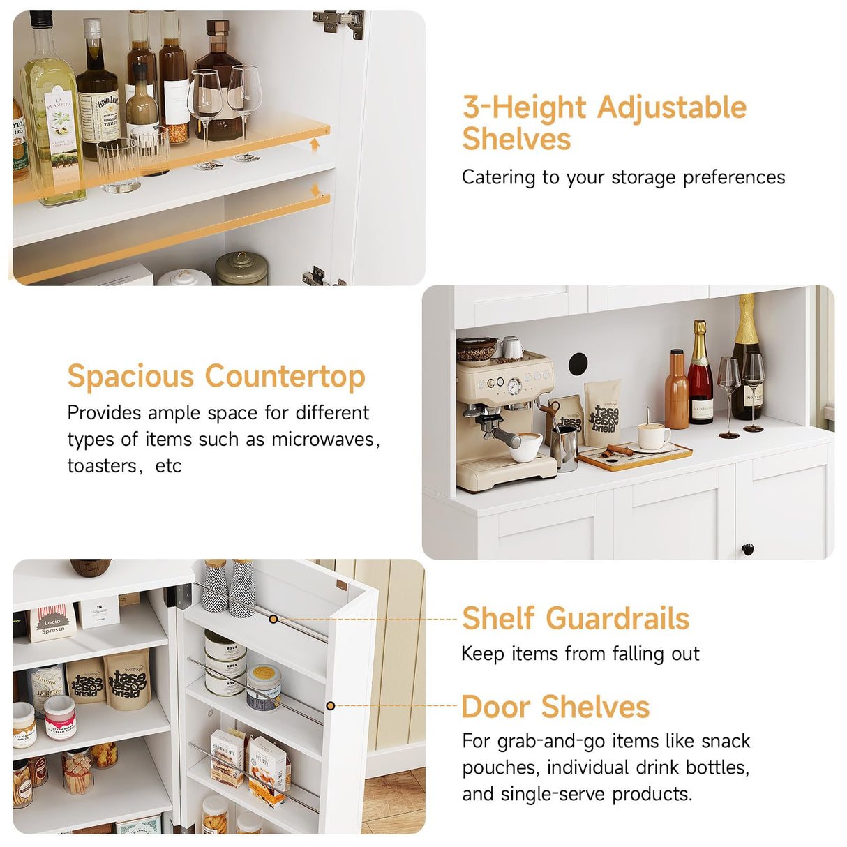 ONBRILL 71" Tall Kitchen Pantry Storage Cabinet with Microwave Stand & Door Shelf, Freestanding Kitchen Hutch with 6 Doors and Adjustable Shelves, Modern Food Pantry for Kitchen, Dining Room, White ONBRILL