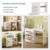 COSTWAY Folding Sewing Table, Multipurpose Craft Station Desk, Display Cabinet with Shelves Storage, Lockable Wheels, Rolling Sewing Machine Desk for Home Apartment, White COSTWAY