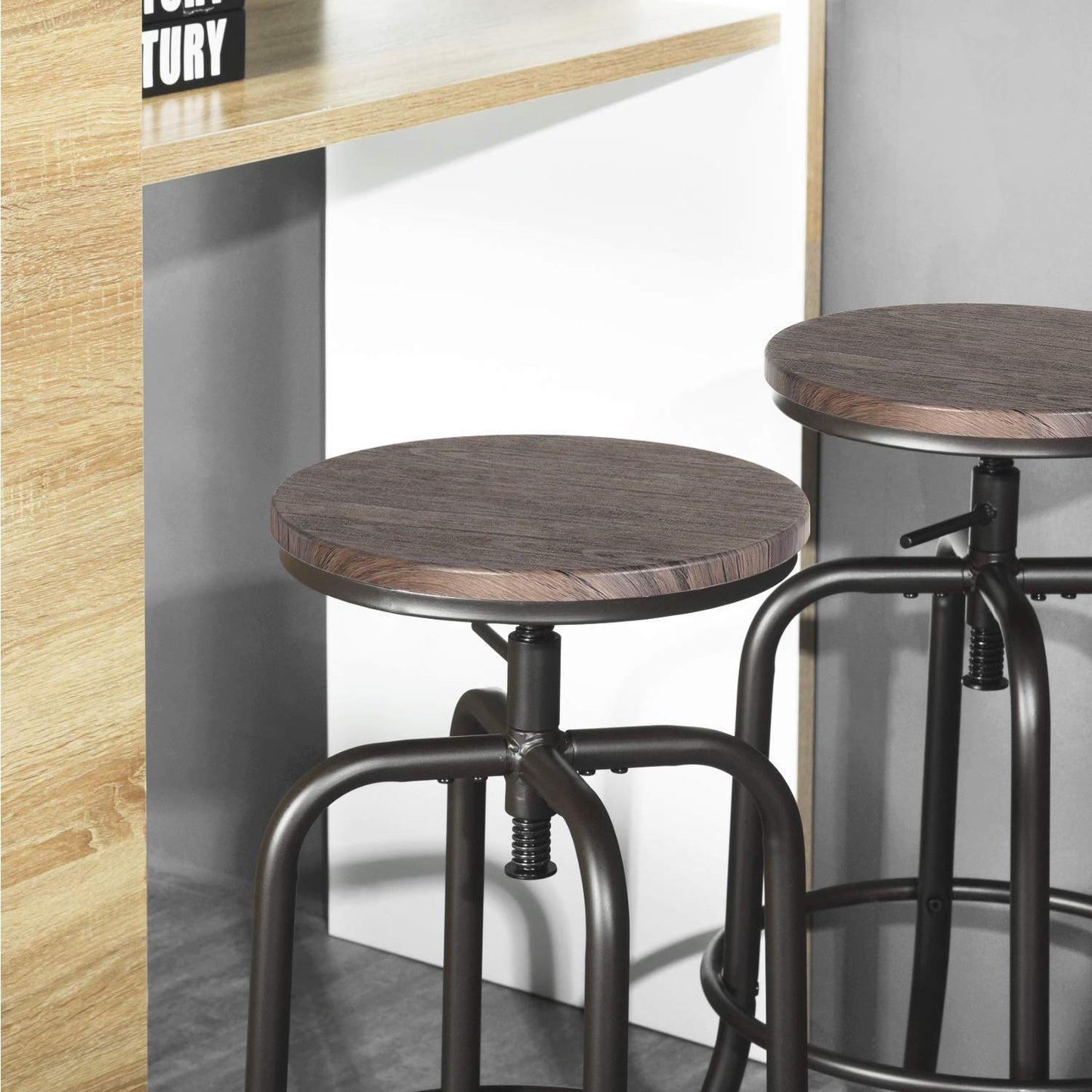 FurnitureR Adjustable Barstool Set of 2, Industrial Round Bar Stools with Swivel Seat 27-30 Inches Counter Height Bar Chair with No Back for Dining Room Kitchen Island (Walnut Brown, Set of 2 - WoodArtSupply