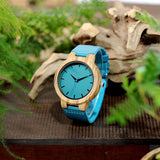 BOBO BIRD Men's Bamboo Wooden Watch with Blue Cowhide Leather Strap Casual Watches for Groomsmen Gift with Box BOBO BIRD