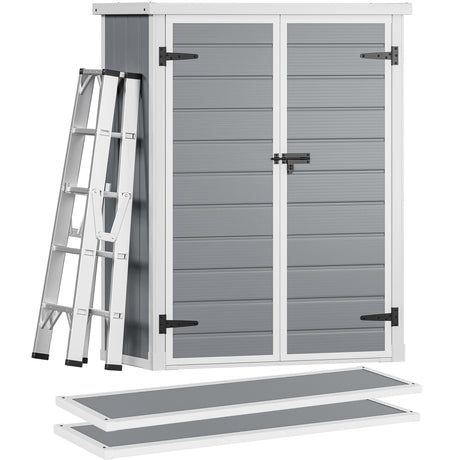 DWVO Outdoor Vertical Storage Shed with 2 Shelves, 49 Cu Ft Waterproof Resin Garden Shed with Floor & Lockable Door, Plastic Tall Tool Cabinet for Garbage Cans, Lawn Equipment, Garden Supplies (Gray) DWVO