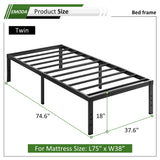 EMODA 18 Inch Twin Bed Frame No Box Spring Needed, Heavy Duty Tall Metal Twin Platform Bed Frames with Large Storage Space, Noise Free, Easy Assembly, Black EMODA