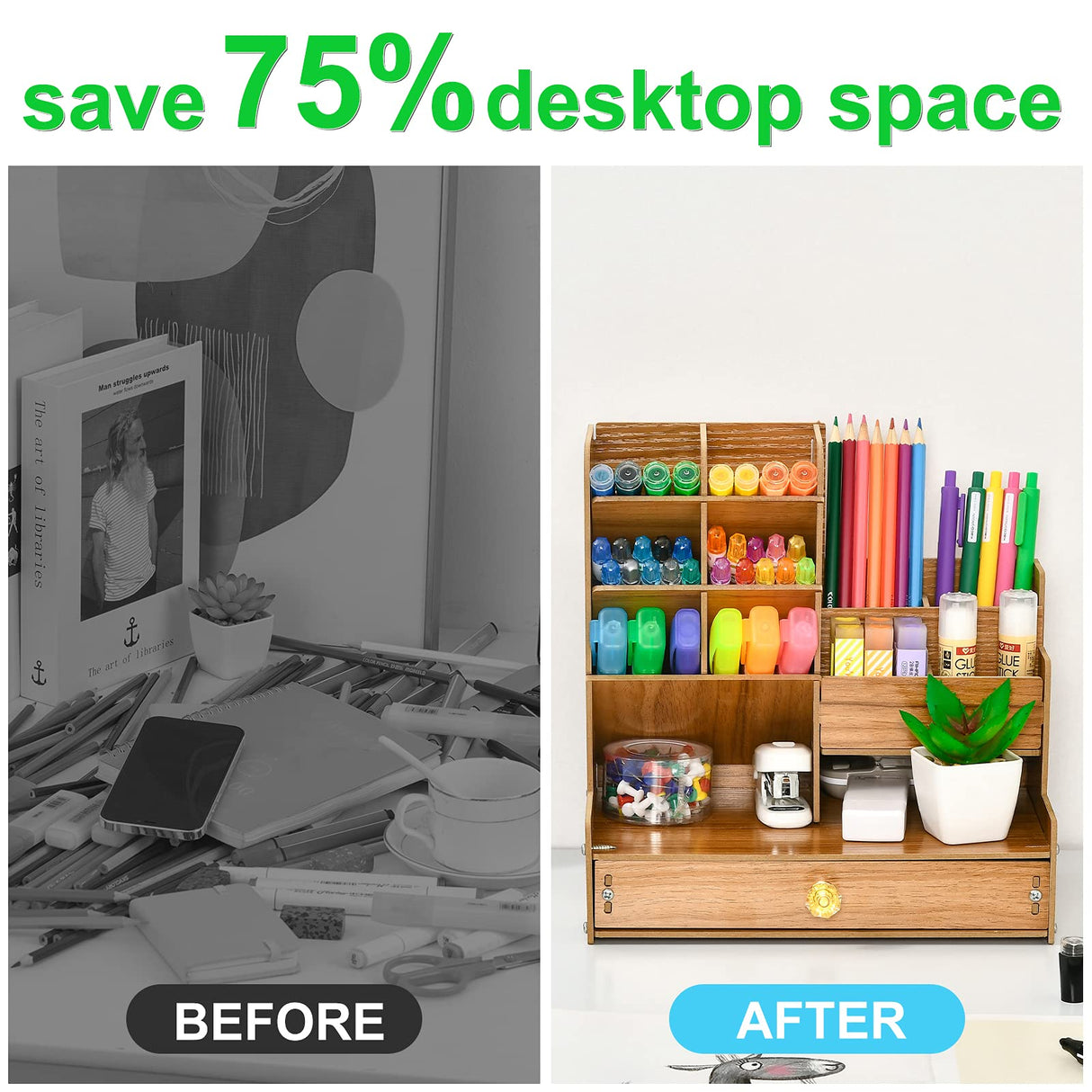 Marbrasse Upgraded Wooden Pencil Holder, Pen Organizer for Desk, Easy Assembly, Art Supply Organizer, Desktop Stationary Organizer (Cherry) Marbrasse