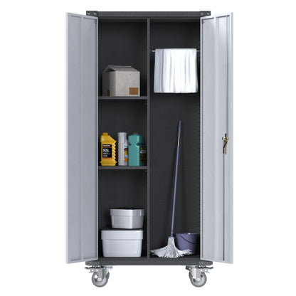 Reemoon Metal Garage Storage Cabinet with Wheels, Broom Closet Storage Cabinet with Hanging Rod, 71" Tall Rolling Tool Storage Cabinet with Locking Doors and Shelves-Required Assembly - WoodArtSupply