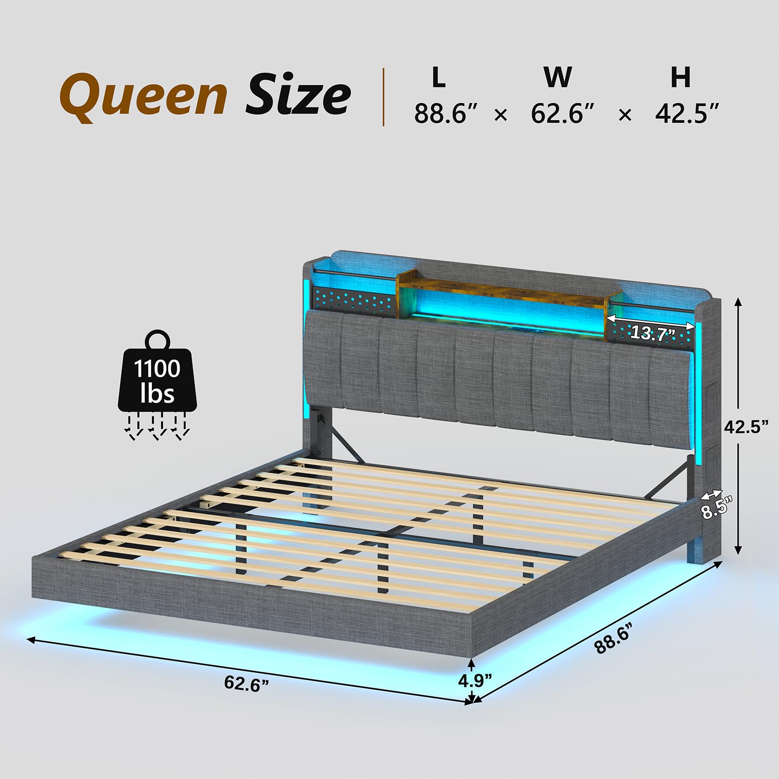 Elevate Your Sleep with the Dnxao Queen Size Floating Bed Frame – Modern Design, Built-in Charging Station, RGB LED Lights & Hidden Storage - WoodArtSupply