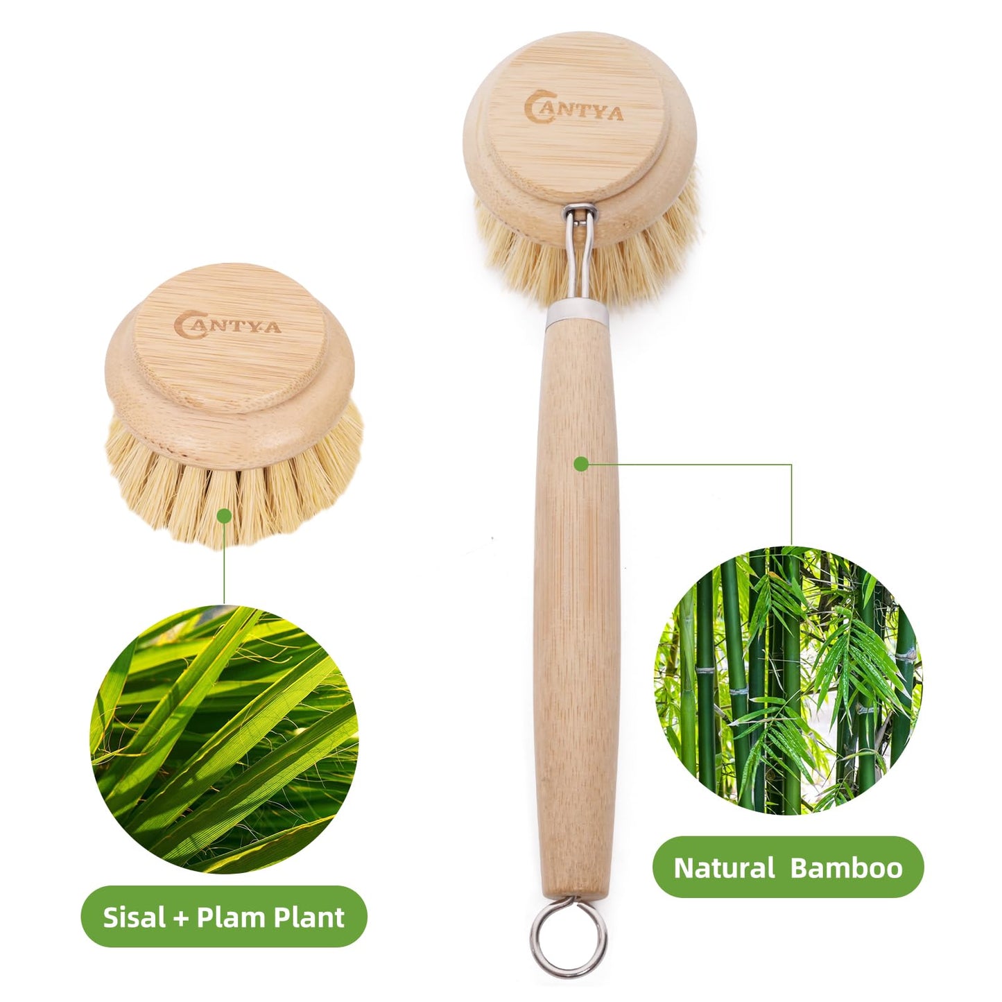 Bamboo Scrub Brush 3 Pcs Replacement Head, Natural Soft Kitchen Dish Brush with Handle Sisal Plant Veggie Brush Multi-Purpose Dish Scrubber Brush Special Kitchen Utensils