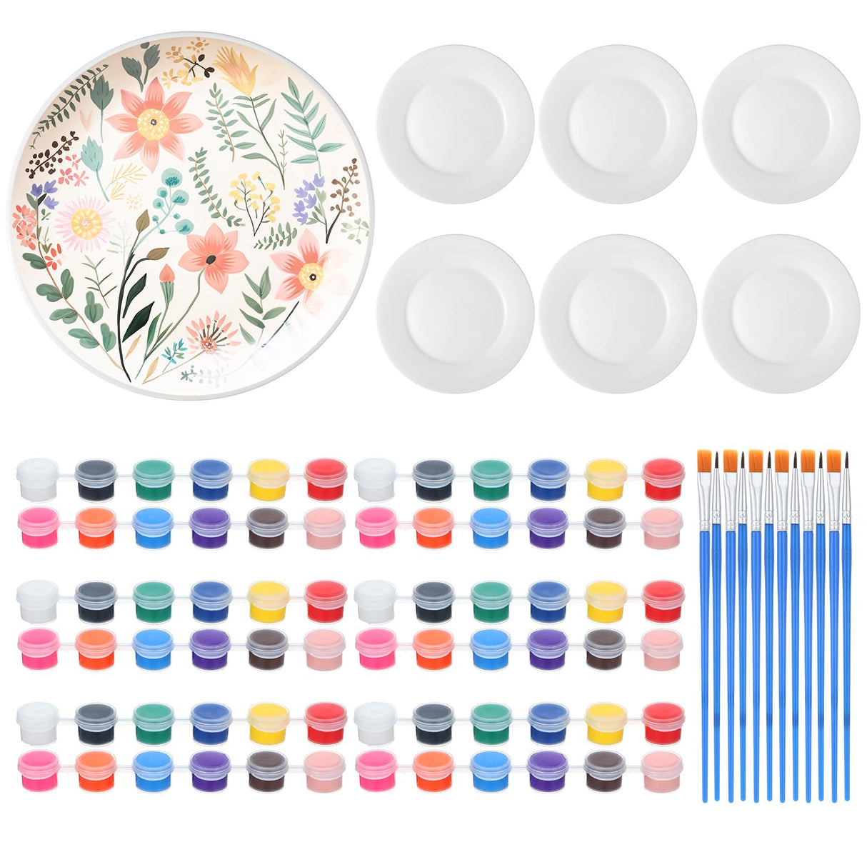 Marspark 6 Pcs 9 Inches Ceramic Painting Plate White Ceramic Plates with 6 Sets of 12 Colors Paint 6 Sets of 2 Brushes Porcelain Painting Craft Set for Family Gatherings Activities Art Supplies Marspark