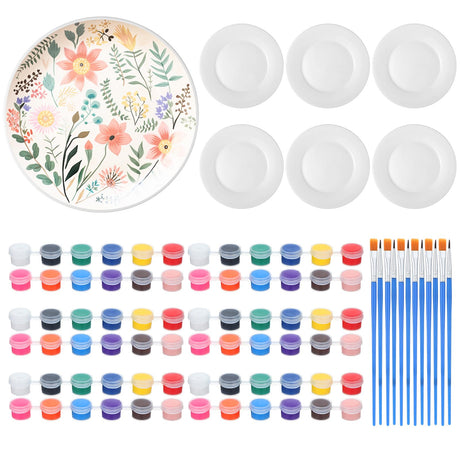 Marspark 6 Pcs 9 Inches Ceramic Painting Plate White Ceramic Plates with 6 Sets of 12 Colors Paint 6 Sets of 2 Brushes Porcelain Painting Craft Set for Family Gatherings Activities Art Supplies Marspark