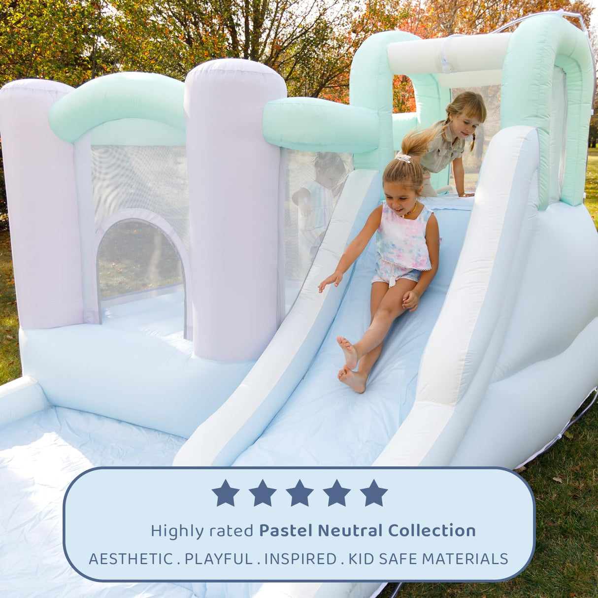 Bounceland Splash Zone Dream Wet or Dry Bounce House Water Slide, 11.5ftL x 9ftW x 6ftH, Pastel Color, Spacious Bounce Area, Splash Pool, Climbing Wall, Blower Included, Trendy Kids Outdoor Play Bounceland