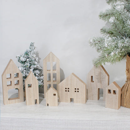 AuldHome Wood House Silhouettes Decor (Set of 7); Christmas and Holiday Wood Cutout Figures