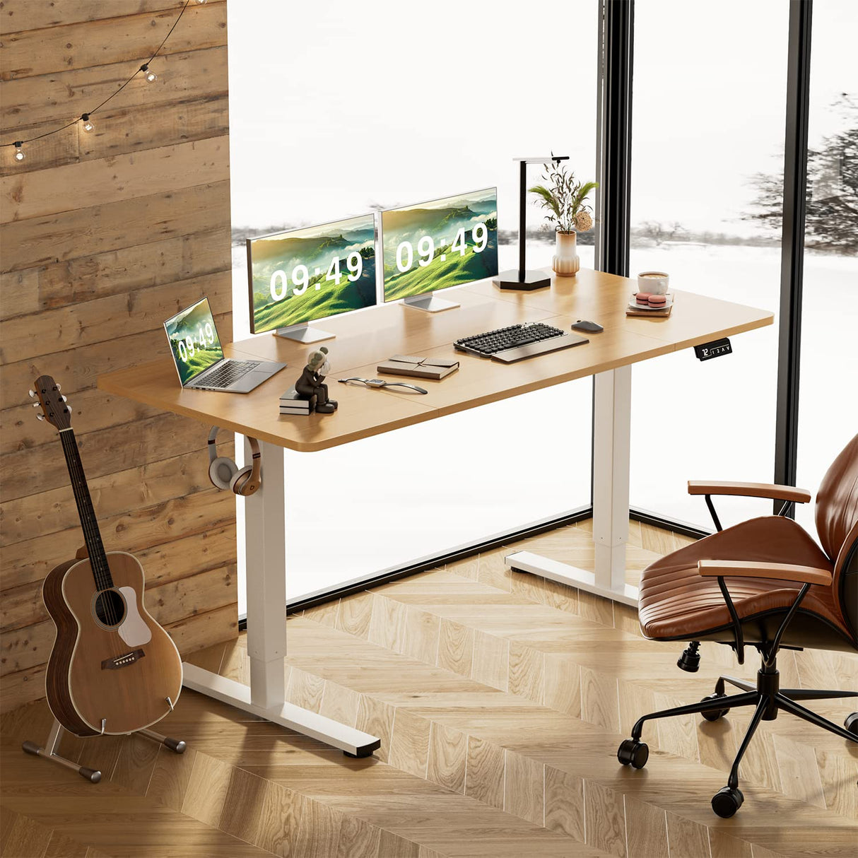 Furmax Electric Height Adjustable Standing Desk Large 63 x 24 Inches Sit Stand Up Desk Home Office Computer Desk Memory Preset with T-Shaped Metal Bracket, Wood Furmax