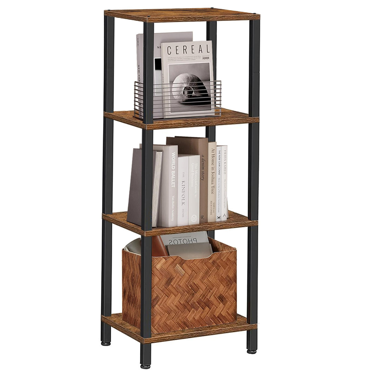 TUTOTAK 4-Tier Narrow Bookshelf for Small Spaces in Rustic Brown TUTOTAK