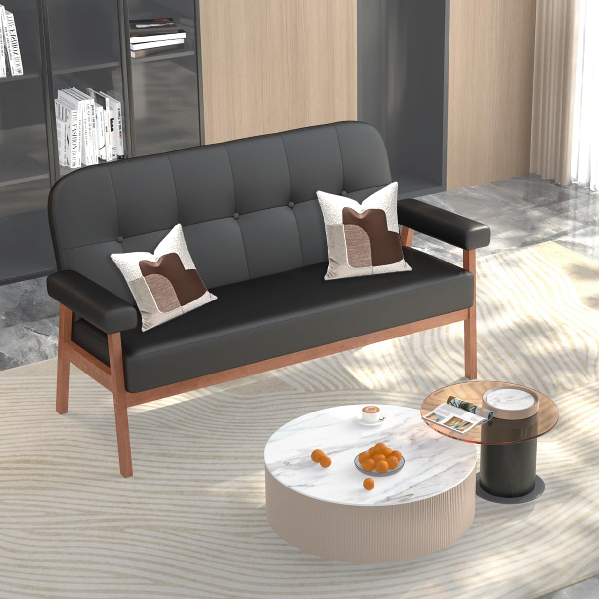 JIASTING 50” Black Leather Love Seat Sofa Couch, Mid Century Modern Small Office Loveseat Couch with Wood Arms, Two Seater Couches for Small Spaces, Living Room, Waiting Room, Bedroom (Black) JIASTING